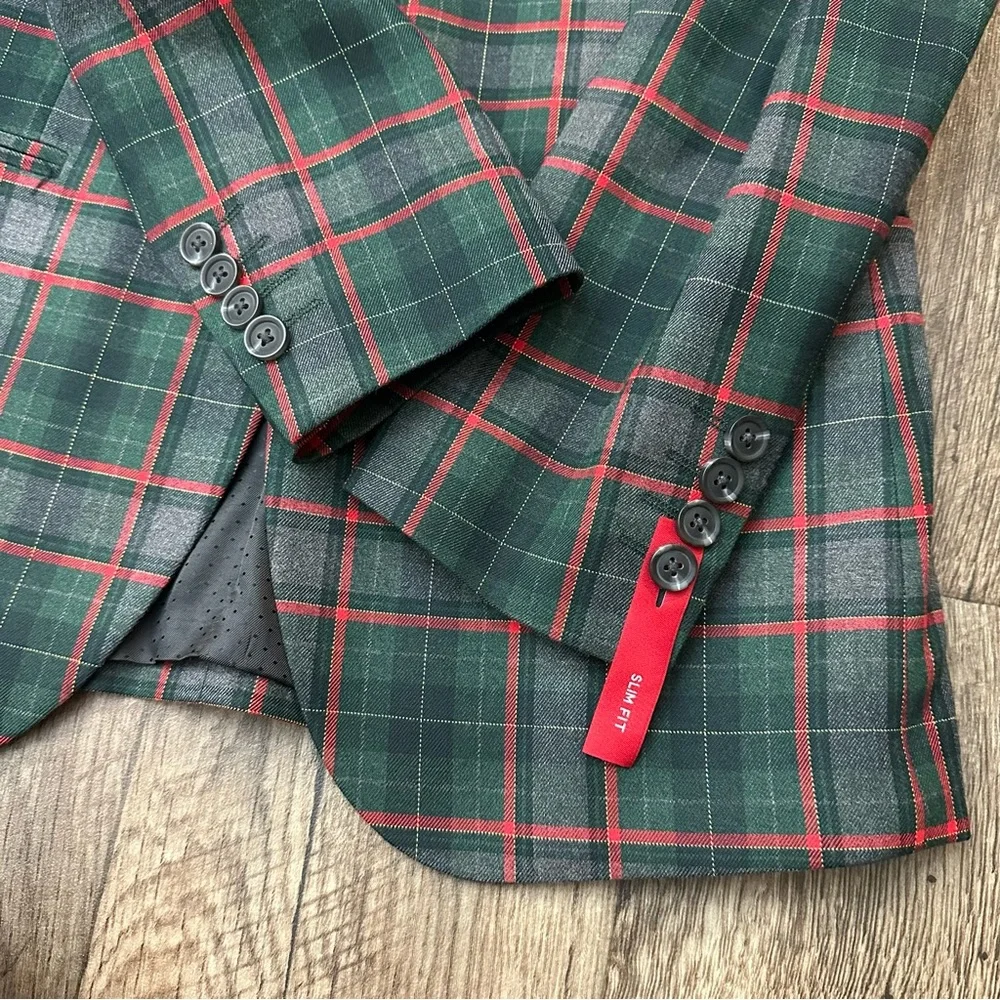 JF J Ferrar Sports Coat Slim Suit Jacket Men's S 34/36 Reg Plaid Red Green